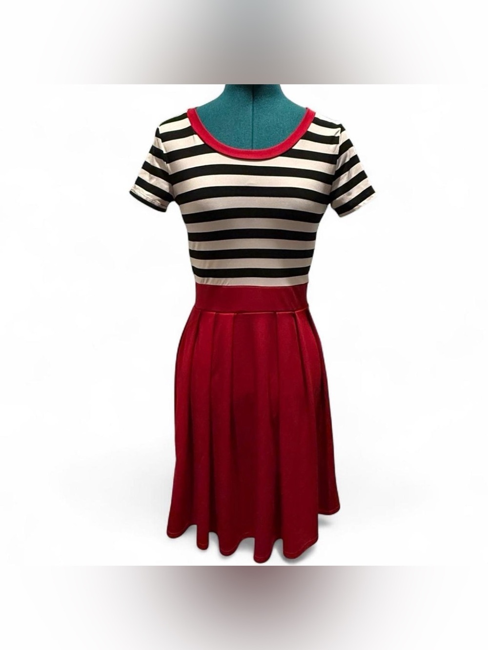 Vessos Black & White Striped Top with Red Midi Skirt Dress